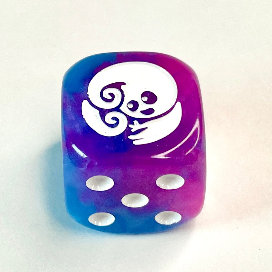 dice coloured pink and blue with a pearly tie-die effect, featuring a beetle character on the sixth face